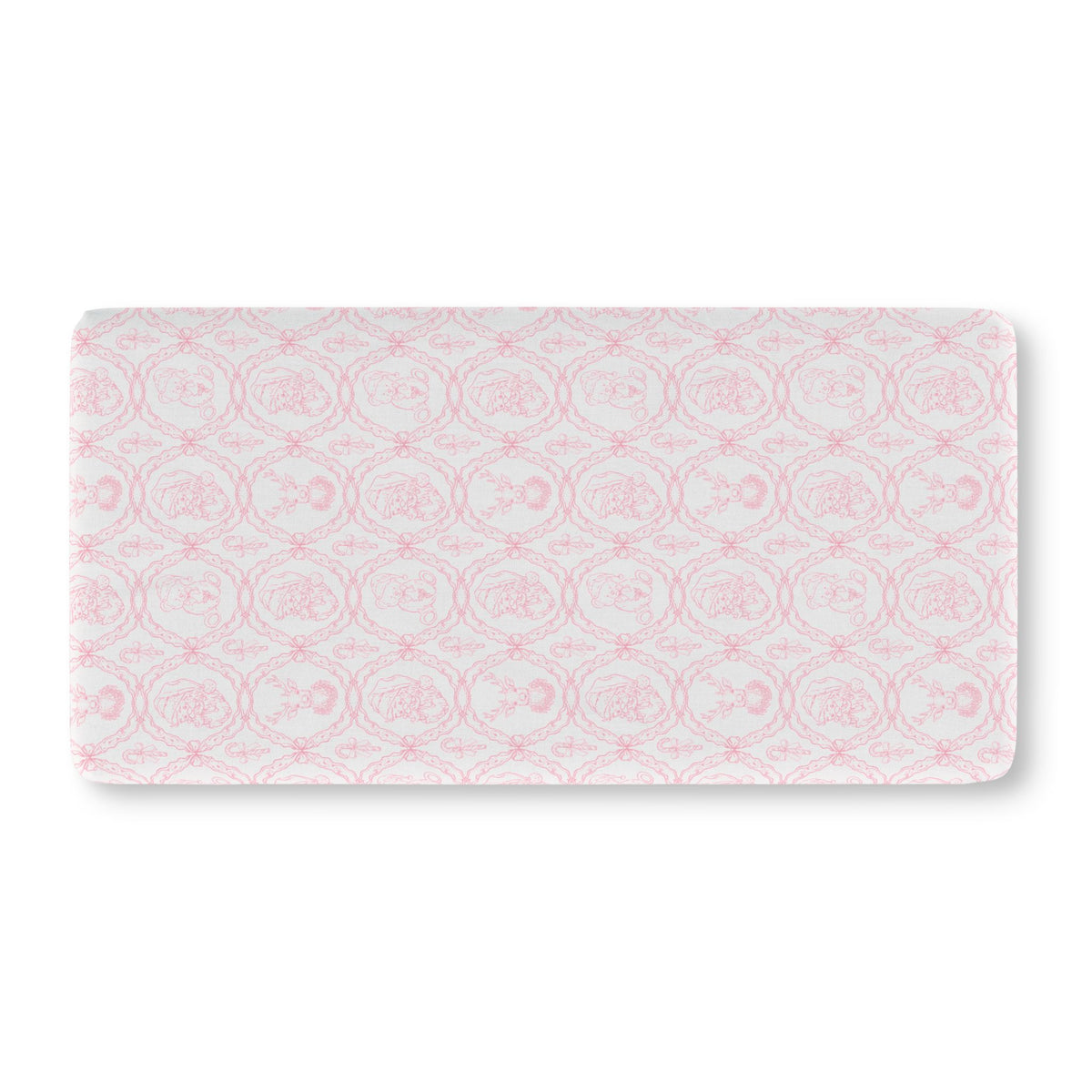 Pink Christmas Toile Crib Sheet laid flat in Standard size with pink Santa and reindeer toile on white