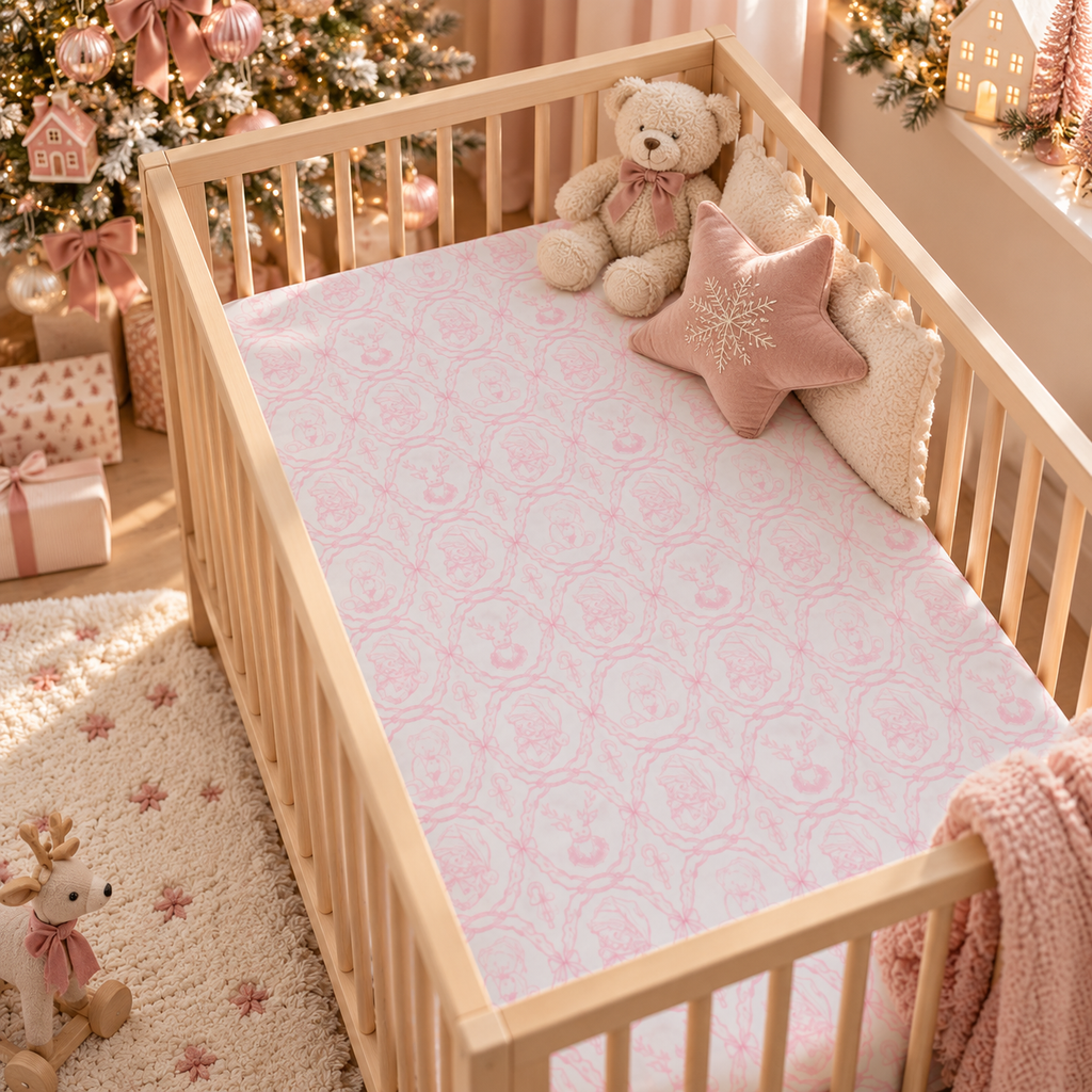 Pink Christmas Toile Crib Sheet on a wooden crib mattress in a Christmas nursery
