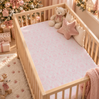 Pink Christmas Toile Crib Sheet on a wooden crib mattress in a Christmas nursery