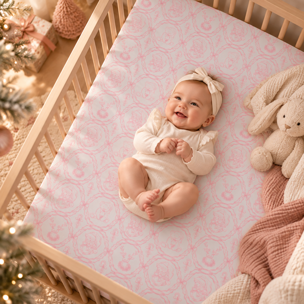 Smiling baby lying on the Pink Christmas Toile Crib Sheet