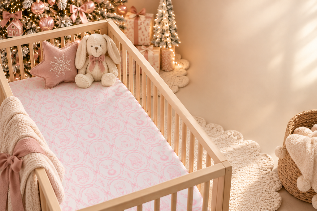 Nursery decorated for Christmas with a crib made up with the Pink Christmas Toile Crib Sheet