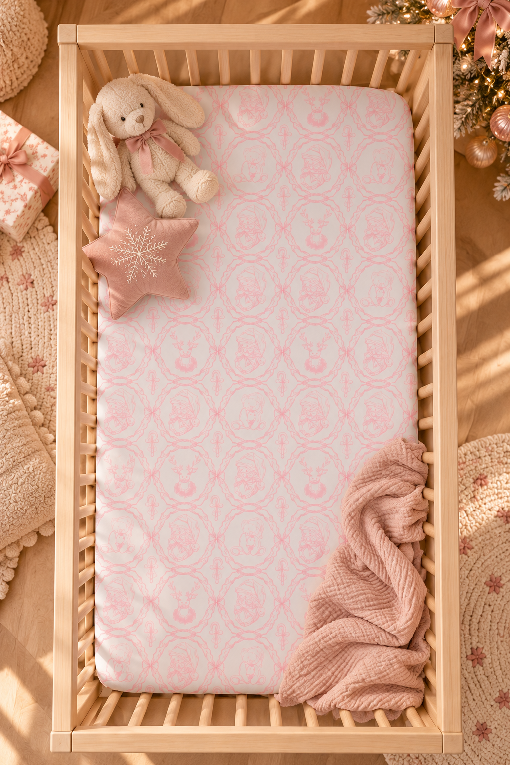 Pink Christmas Toile Crib Sheet seen from above in a wooden crib