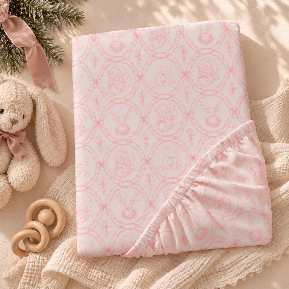 Pink Christmas Toile Crib Sheet folded to show the elastic fitted edge