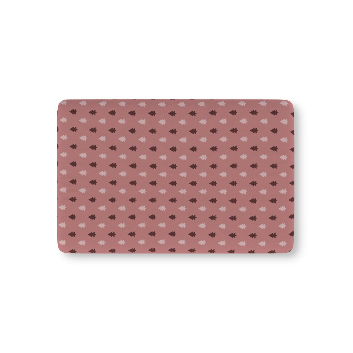 Pink Christmas Tree Crib Sheet laid flat in Mini size with blush and berry Christmas trees on dusty rose