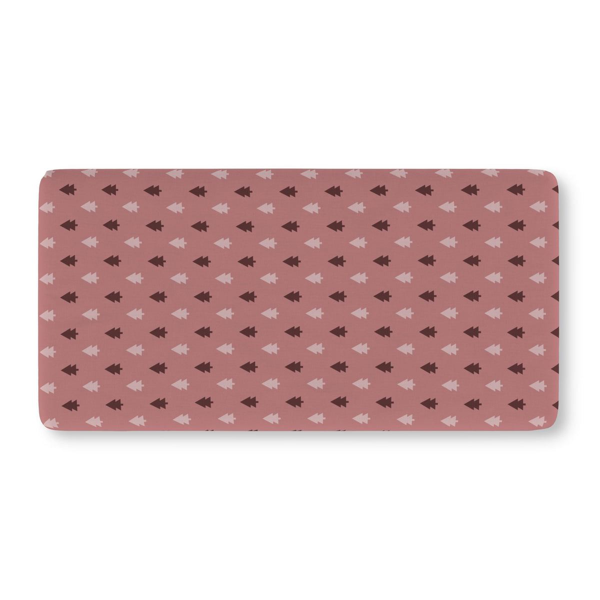 Pink Christmas Tree Crib Sheet laid flat in Standard size with blush and berry Christmas trees on dusty rose