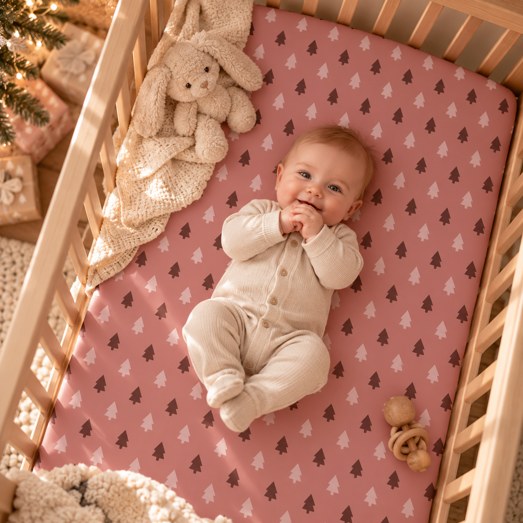 Baby lying on the Pink Christmas Tree Crib Sheet