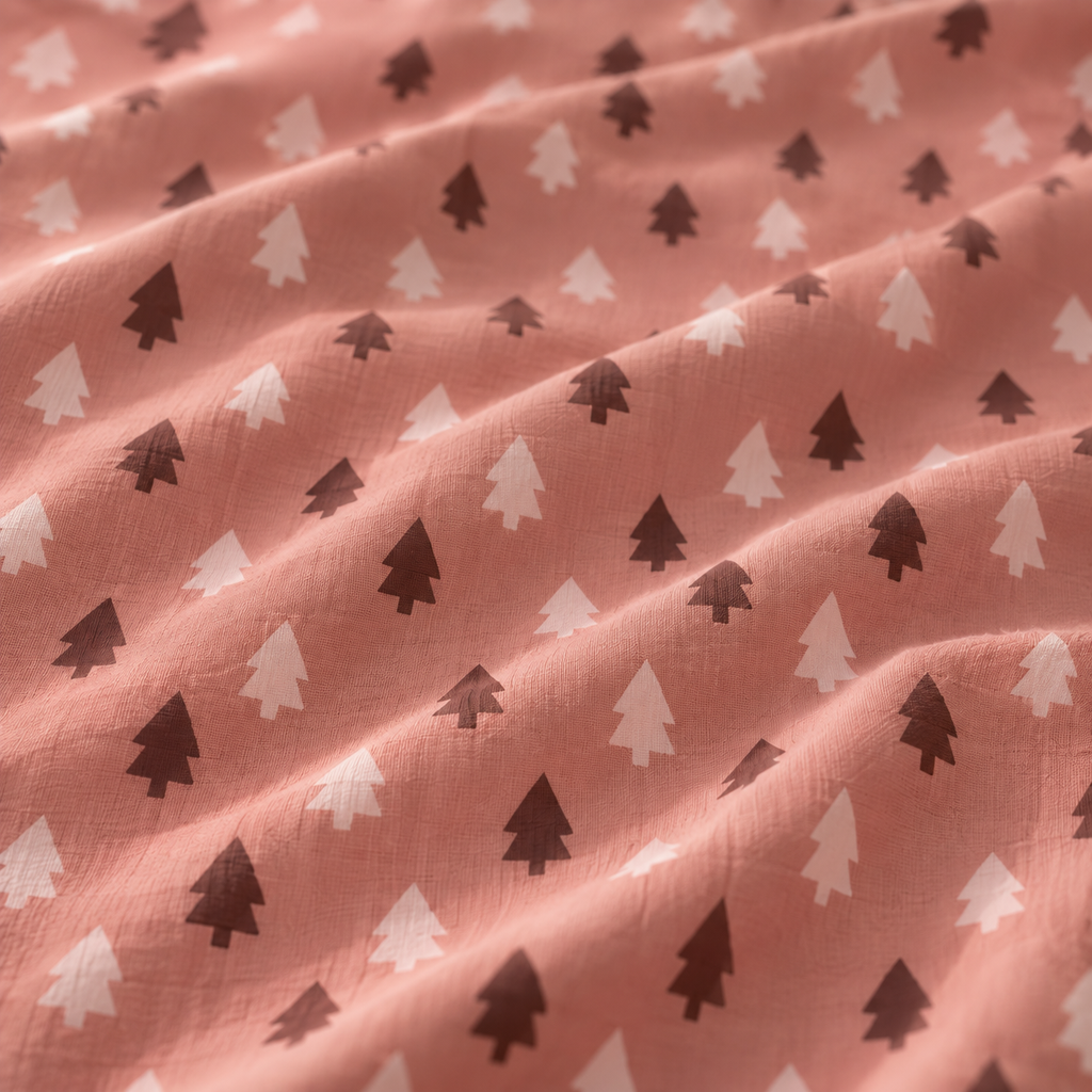 Close-up of the Pink Christmas Tree Crib Sheet fabric showing blush and berry Christmas trees on dusty rose