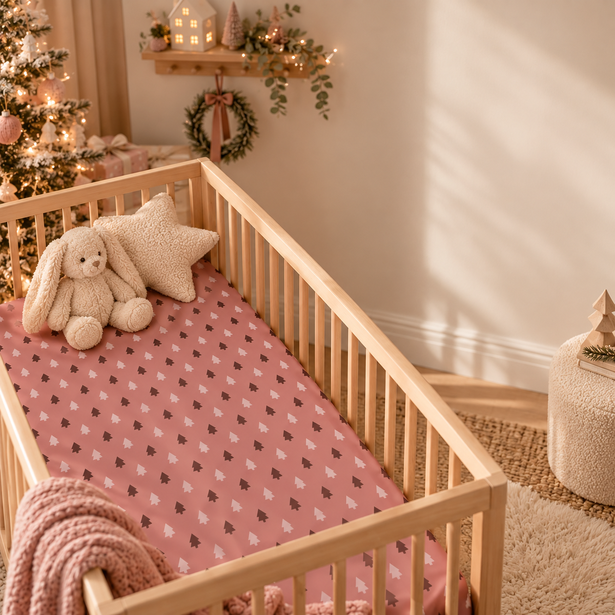 Pink Christmas Tree Crib Sheet in a wooden crib in a sunlit nursery