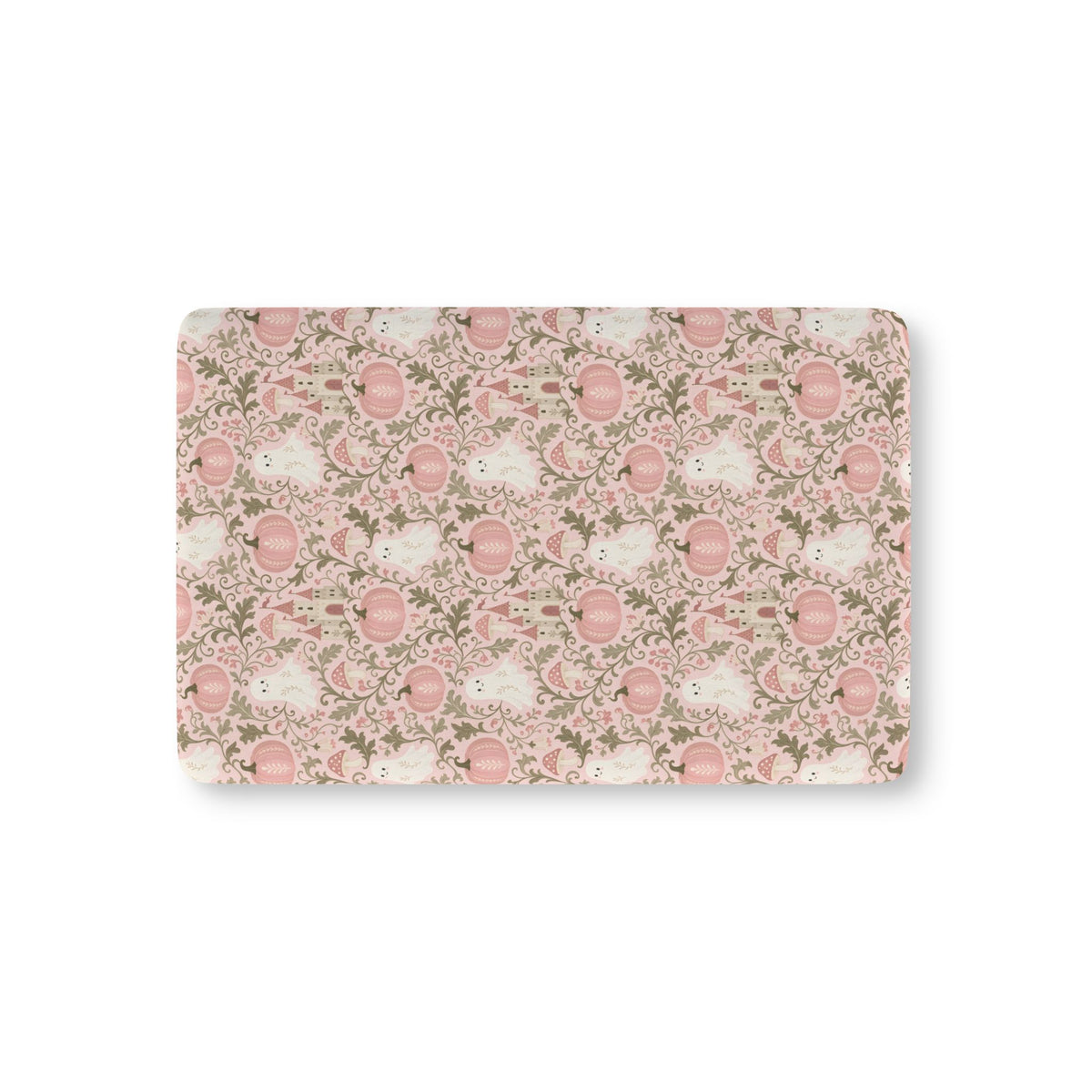 Pink Ghost Garden Crib Sheet laid flat in Mini size with ghosts, pink pumpkins and green vines on pink