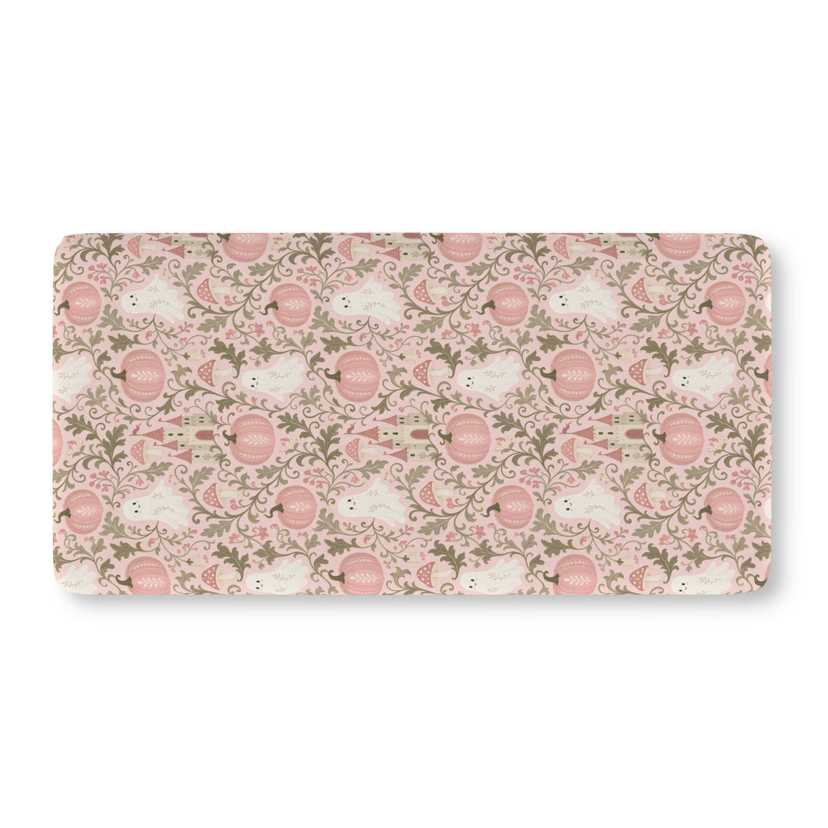 Pink Ghost Garden Crib Sheet laid flat in Standard size with ghosts, pink pumpkins and green vines on pink