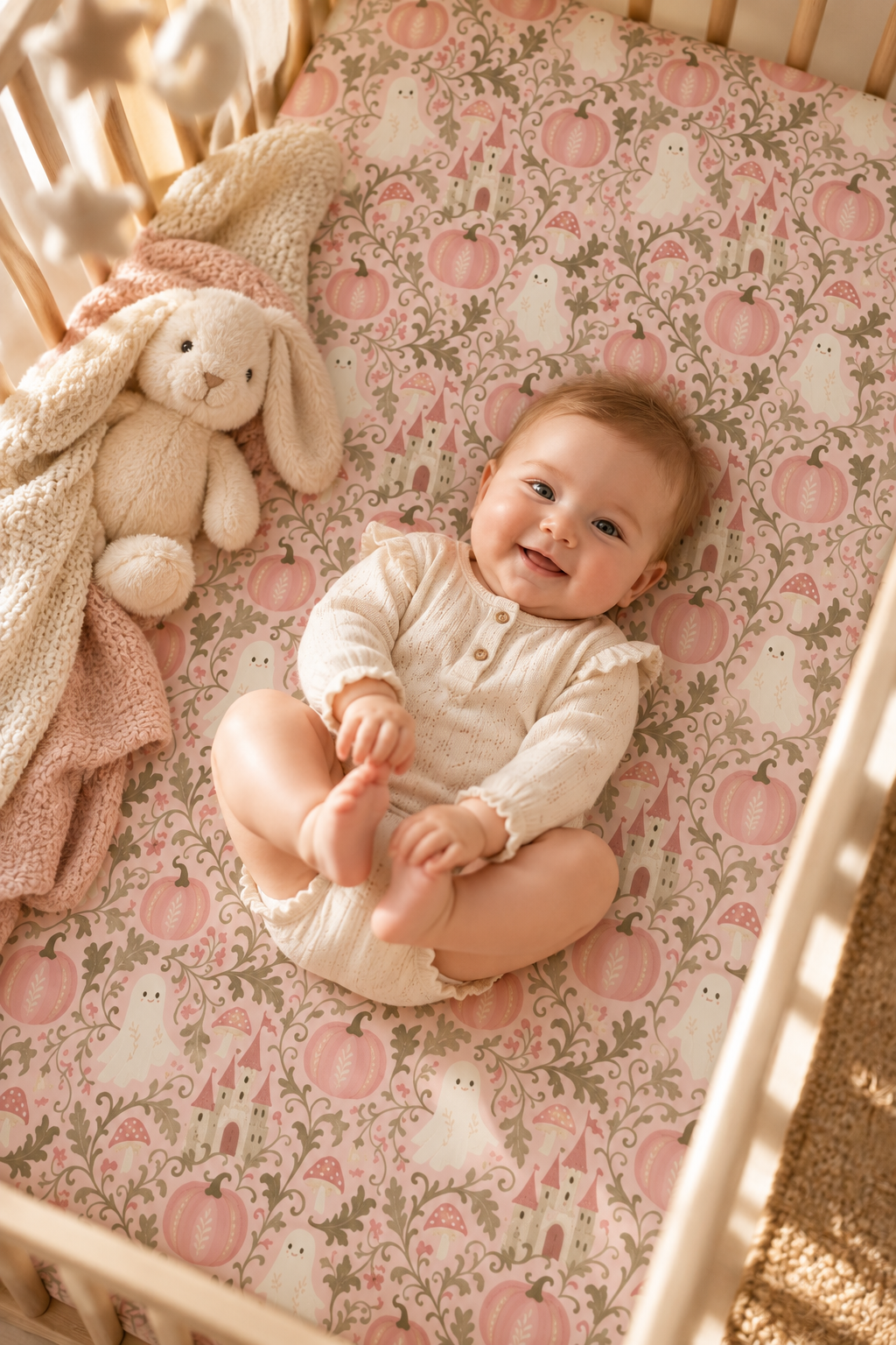 Smiling baby lying on the Pink Ghost Garden Crib Sheet