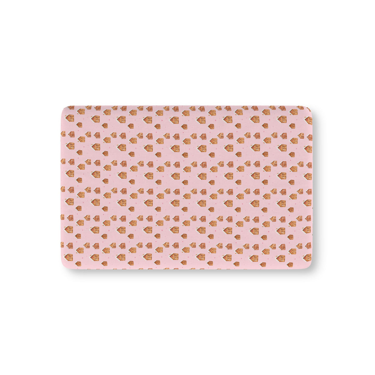 Pink Gingerbread House Crib Sheet laid flat in Mini size with gingerbread houses on pink