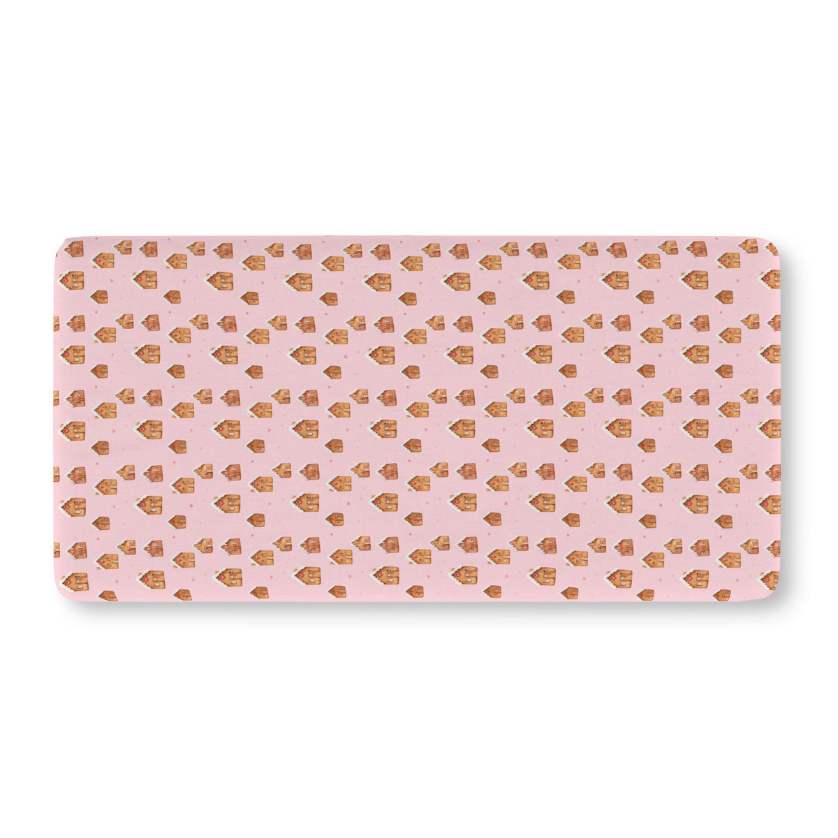 Pink Gingerbread House Crib Sheet laid flat in Standard size with gingerbread houses on pink