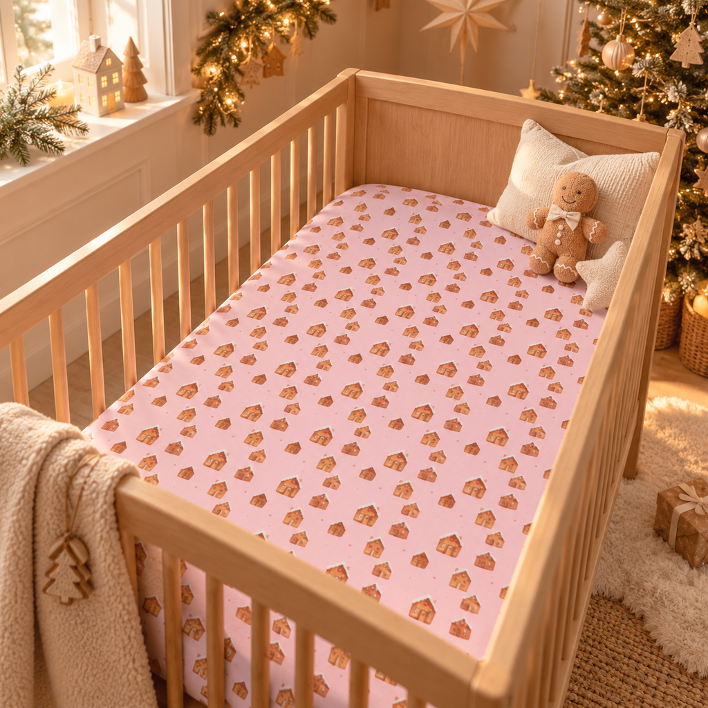 Pink Gingerbread House Crib Sheet on a wooden crib mattress in a Christmas nursery