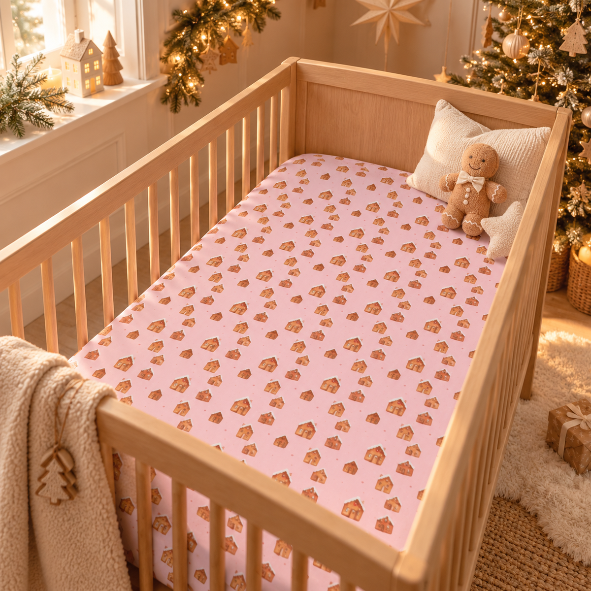 Pink Gingerbread House Crib Sheet on a wooden crib mattress in a Christmas nursery
