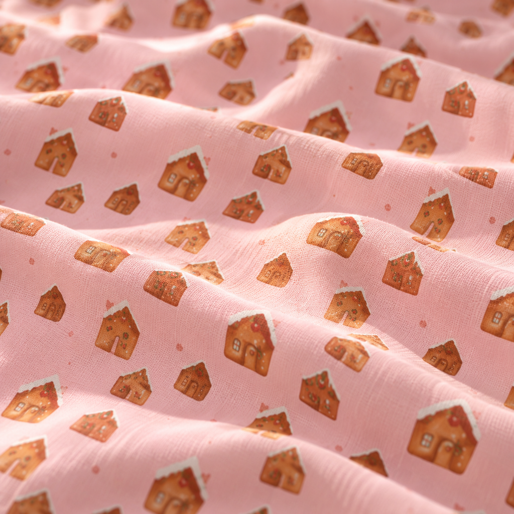Close-up of the Pink Gingerbread House Crib Sheet fabric showing gingerbread houses on pink