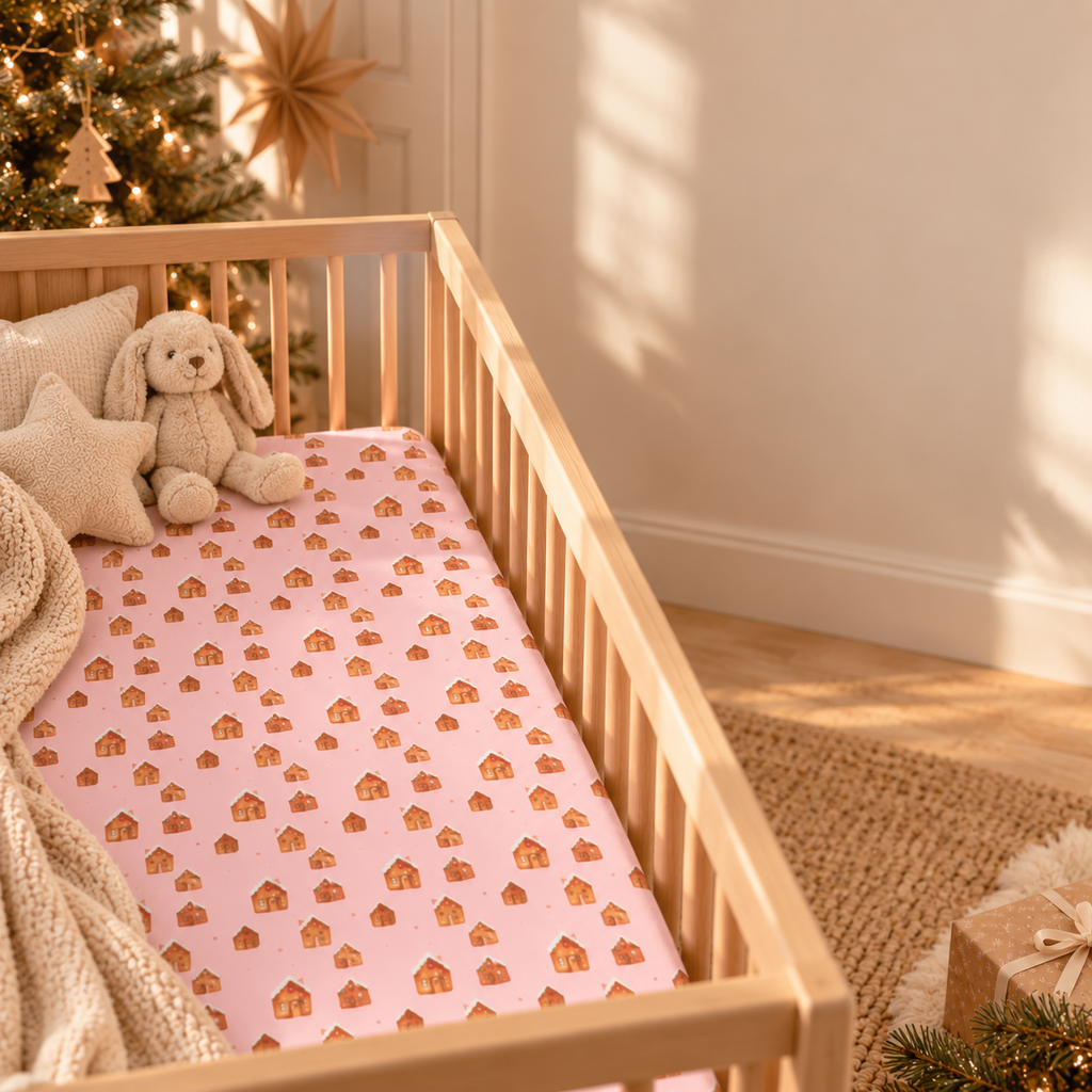 Pink Gingerbread House Crib Sheet in a wooden crib in a sunlit nursery