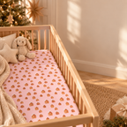 Pink Gingerbread House Crib Sheet in a wooden crib in a sunlit nursery