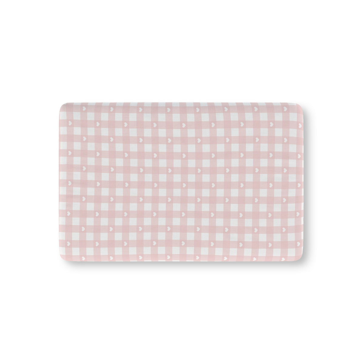 Pink Gingham Heart Crib Sheet laid flat in Mini size with pink gingham and tiny hearts
