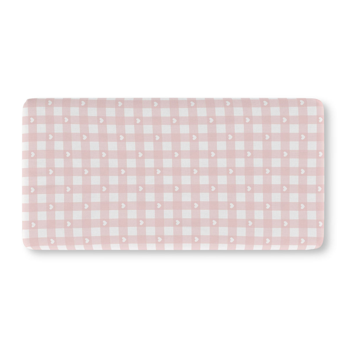 Pink Gingham Heart Crib Sheet laid flat in Standard size with pink gingham and tiny hearts