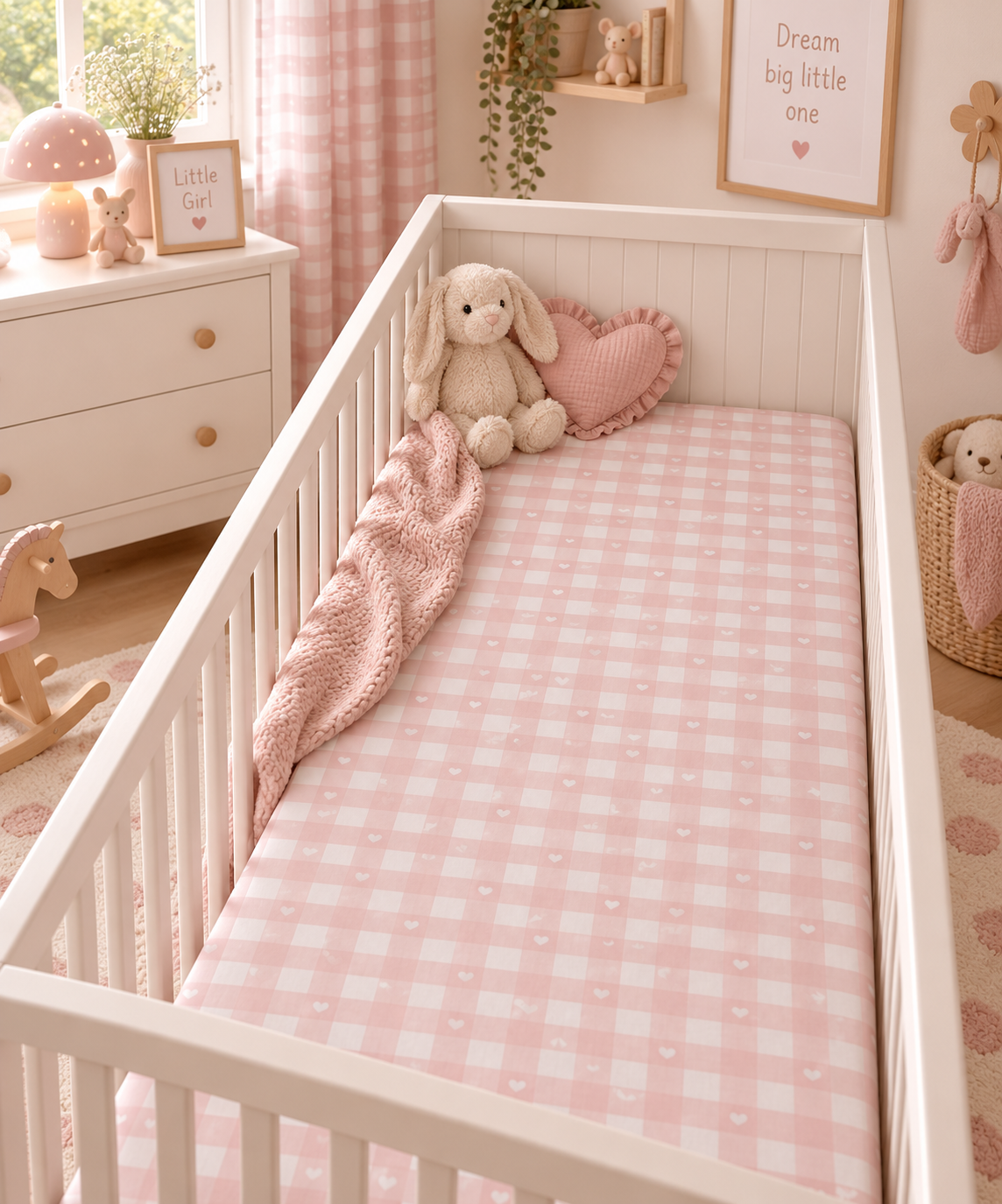 Pink Gingham Heart Crib Sheet on a white crib mattress in a baby girl nursery