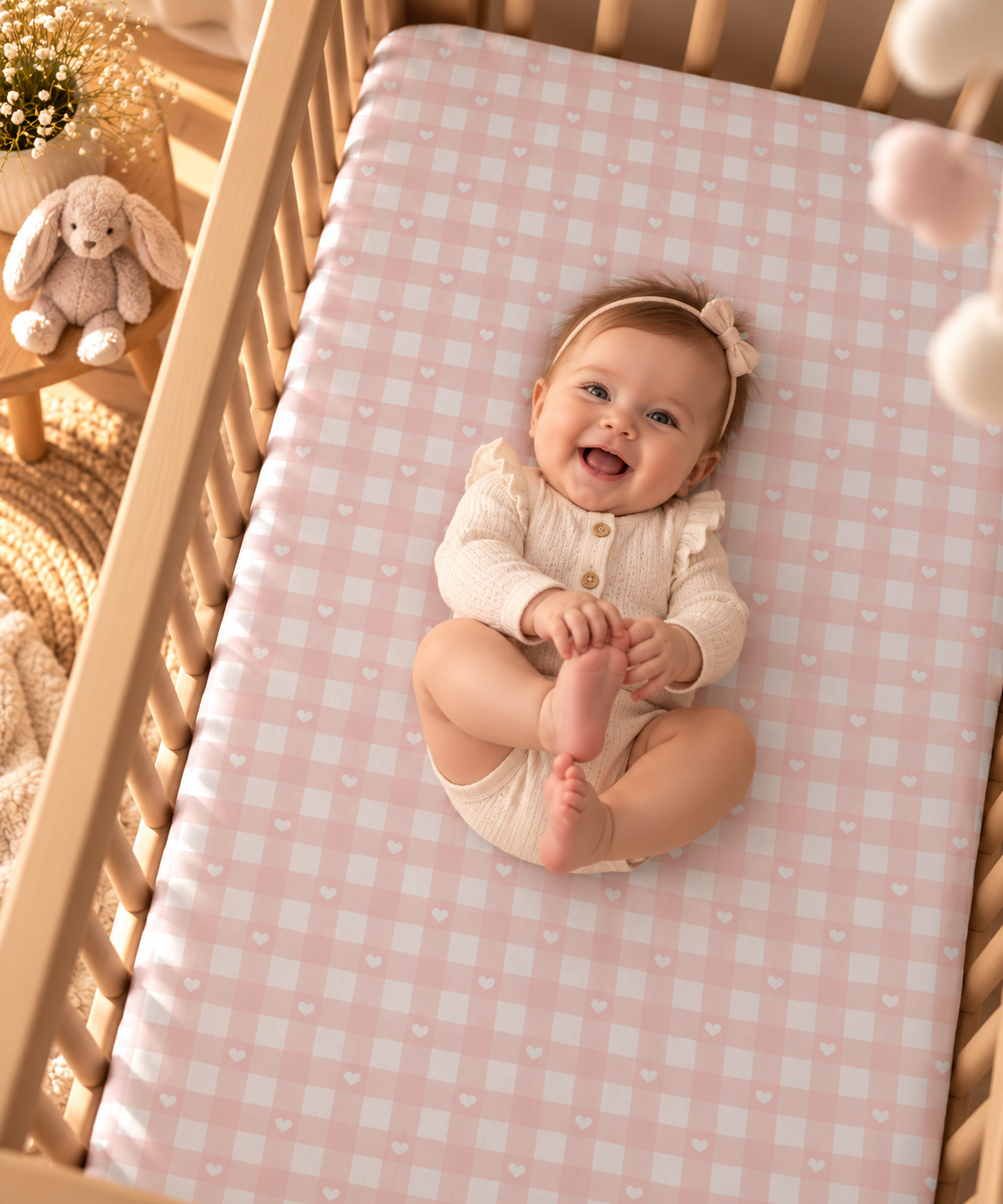Smiling baby lying on the Pink Gingham Heart Crib Sheet