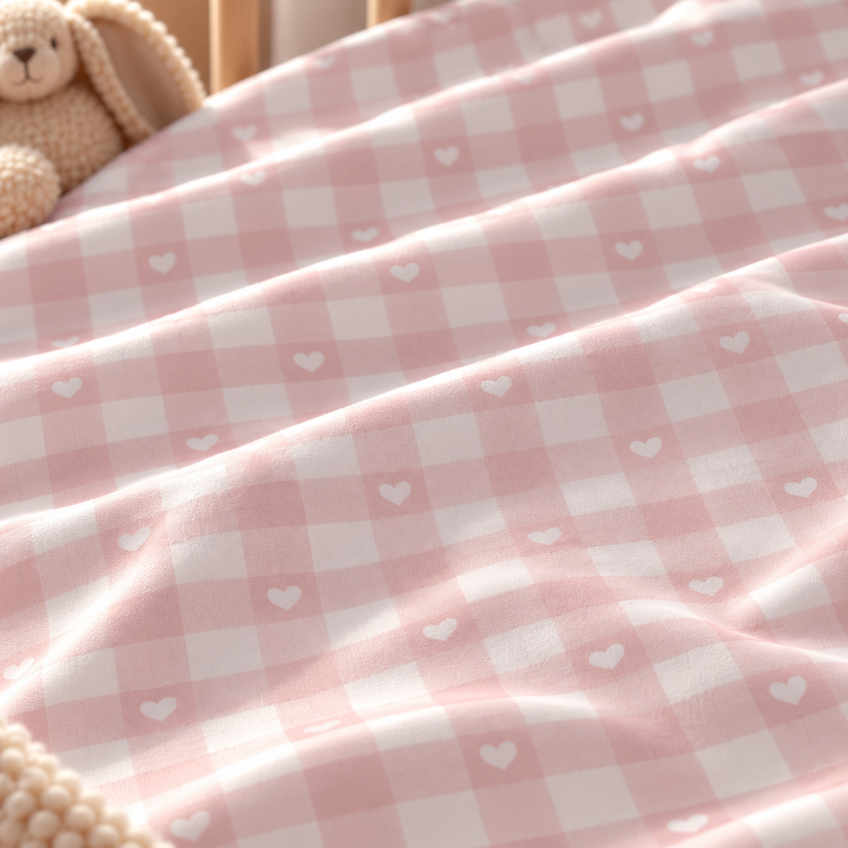 Close-up of the Pink Gingham Heart Crib Sheet fabric showing pink gingham and tiny hearts