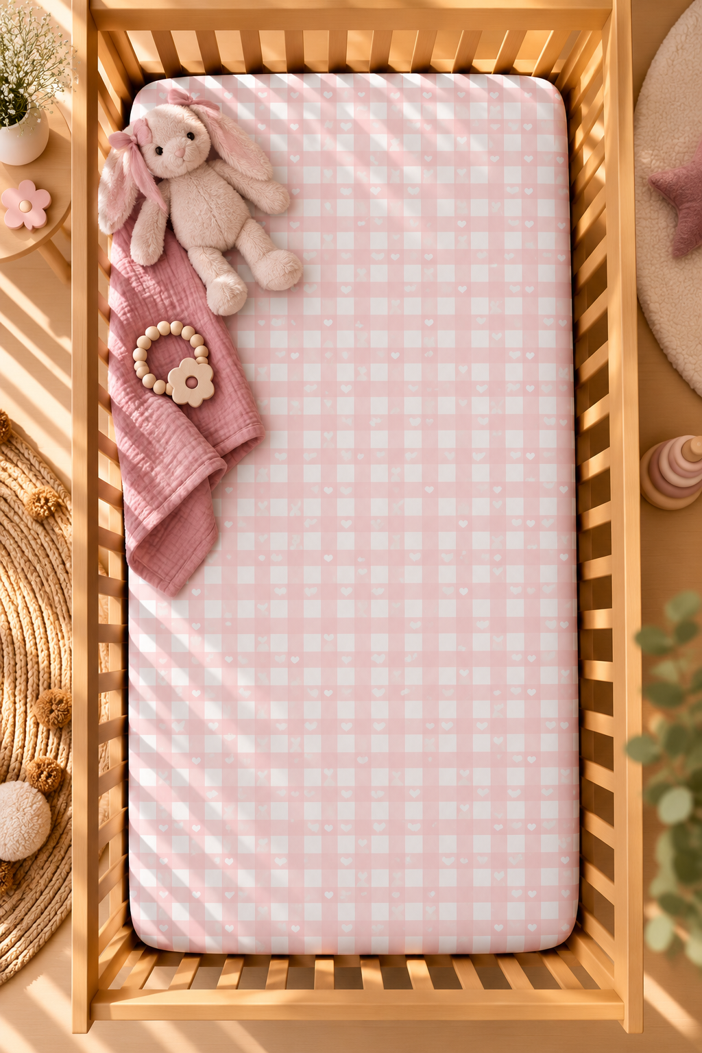 Pink Gingham Heart Crib Sheet seen from above in a wooden crib