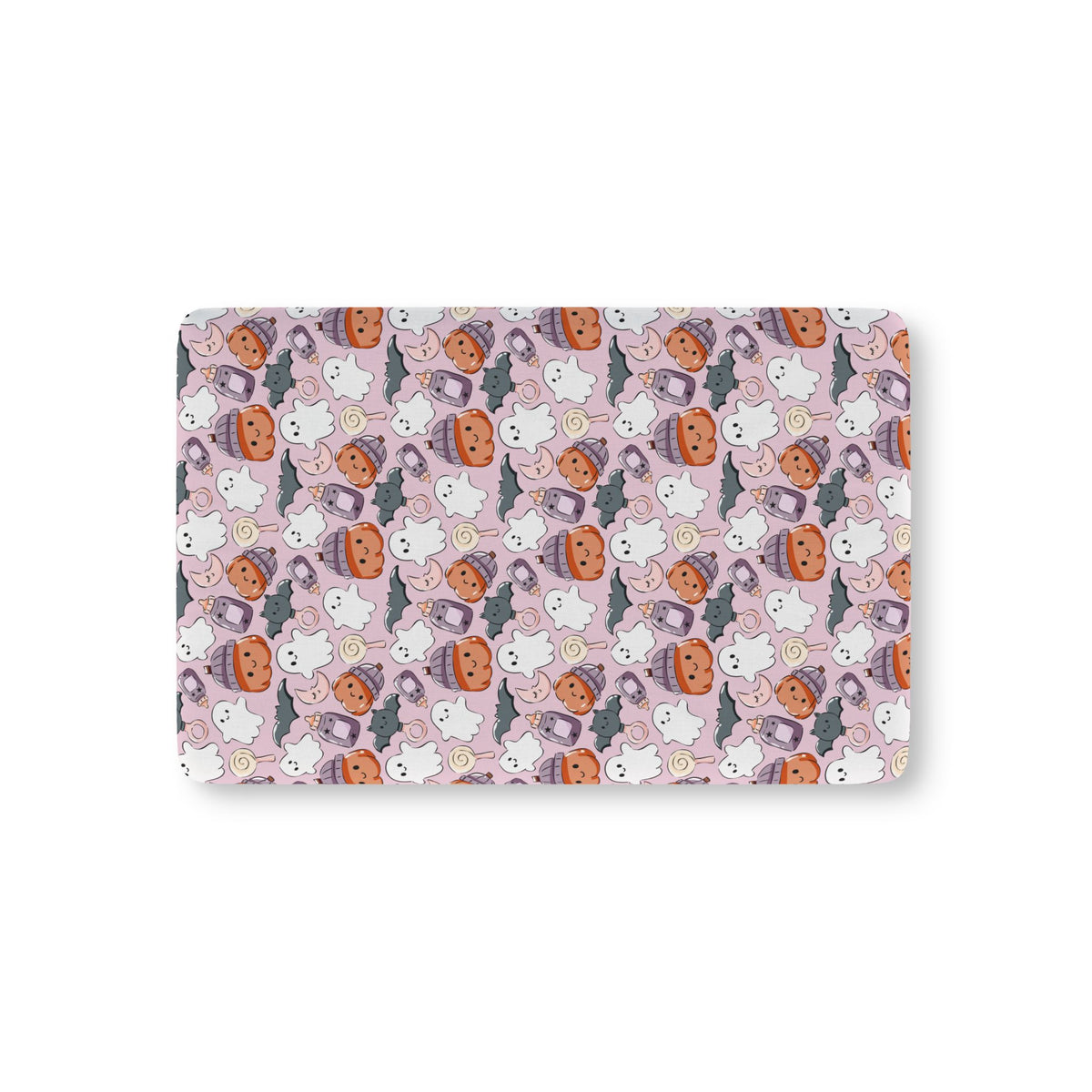 Pink Halloween Ghost Crib Sheet laid flat in Mini size with ghosts, pumpkins and bats on pink