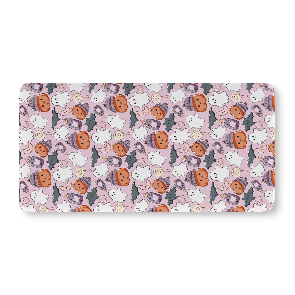 Pink Halloween Ghost Crib Sheet laid flat in Standard size with ghosts, pumpkins and bats on pink