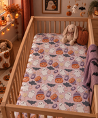 Pink Halloween Ghost Crib Sheet on a wooden crib mattress in a Halloween nursery