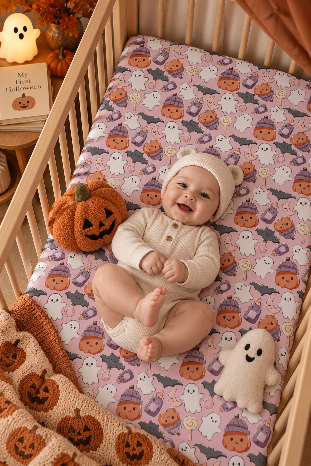 Smiling baby lying on the Pink Halloween Ghost Crib Sheet