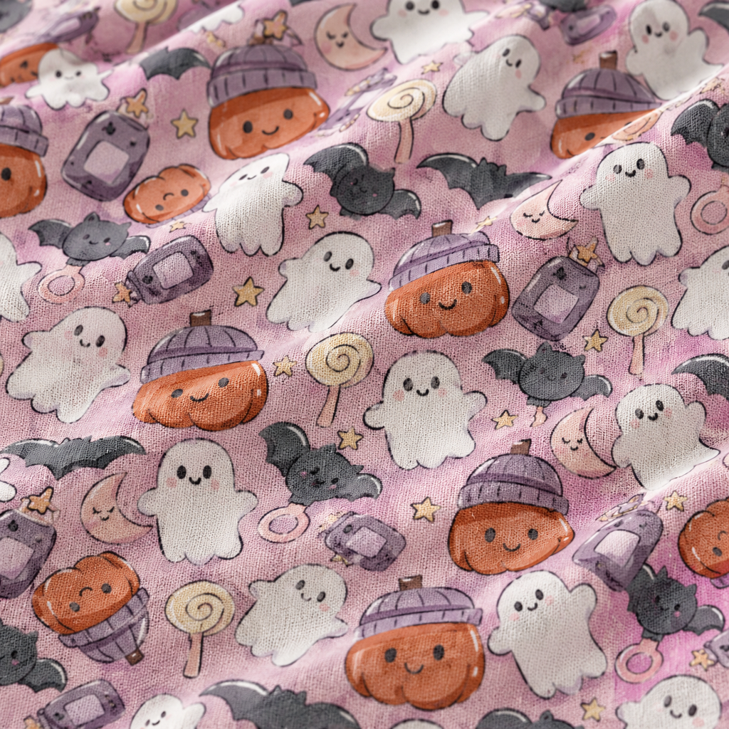 Close-up of the Pink Halloween Ghost Crib Sheet fabric showing ghosts, pumpkins and bats on pink