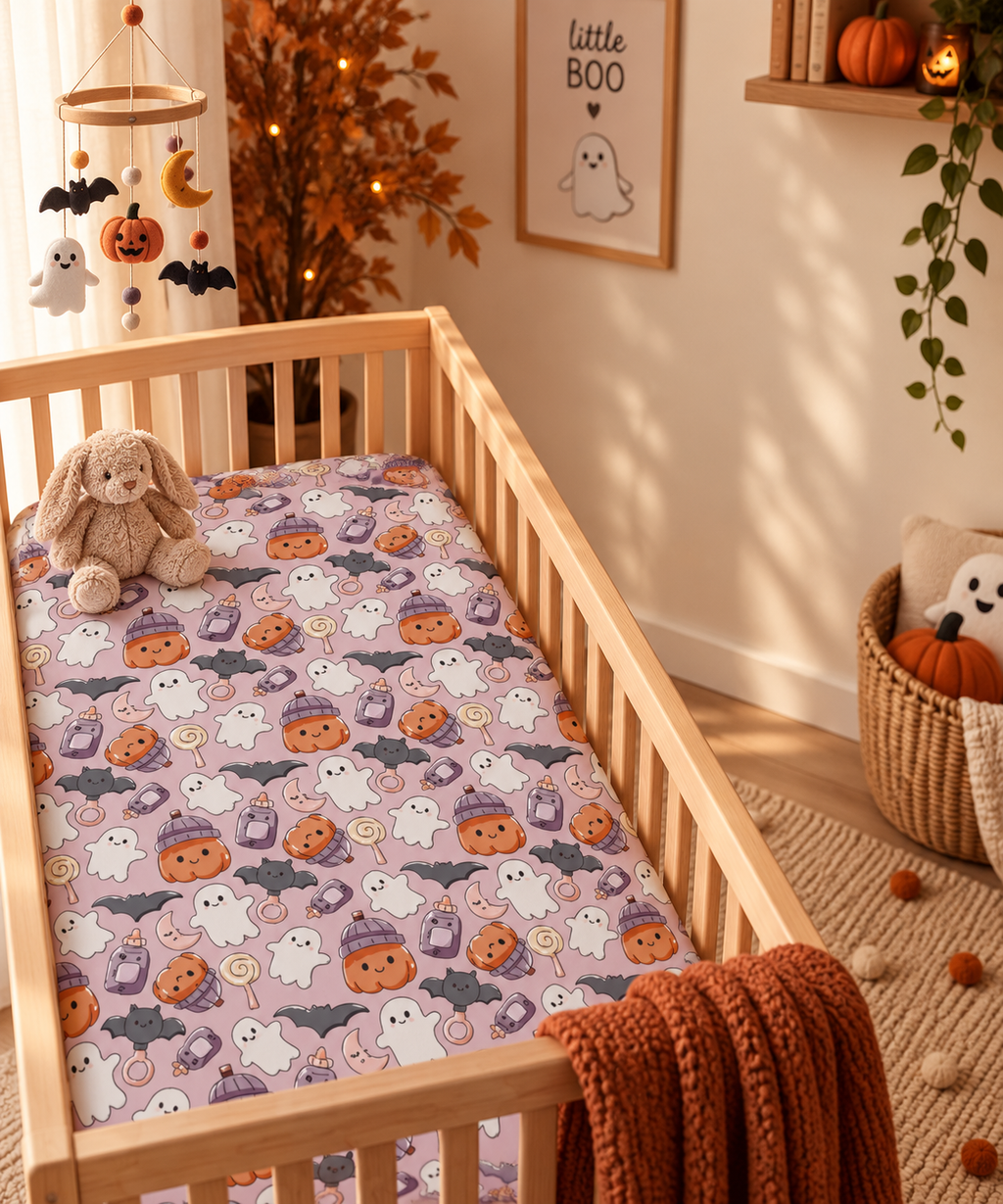 Pink Halloween Ghost Crib Sheet in a wooden crib in a sunlit nursery