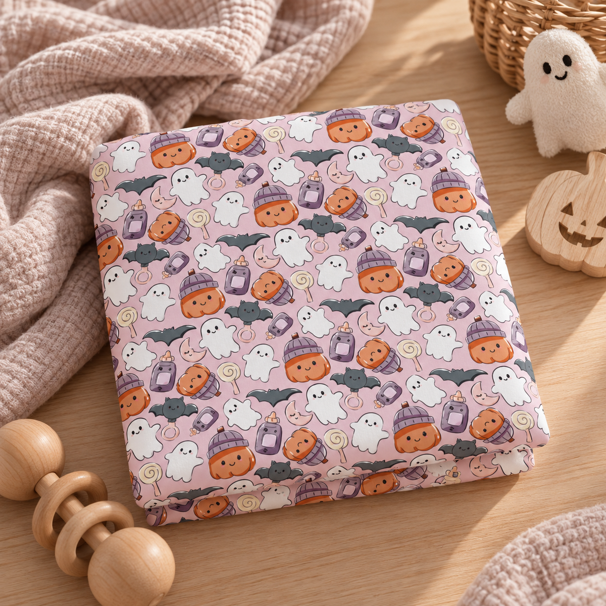 Pink Halloween Ghost Crib Sheet folded on a wooden table