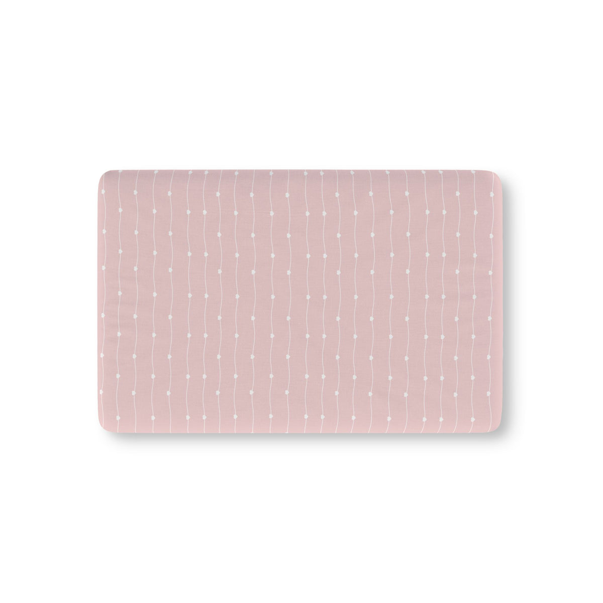 Pink Heart Stripe Crib Sheet laid flat in Mini size with wavy white lines and tiny hearts on dusty pink