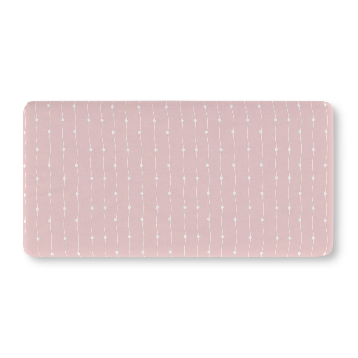 Pink Heart Stripe Crib Sheet laid flat in Standard size with wavy white lines and tiny hearts on dusty pink