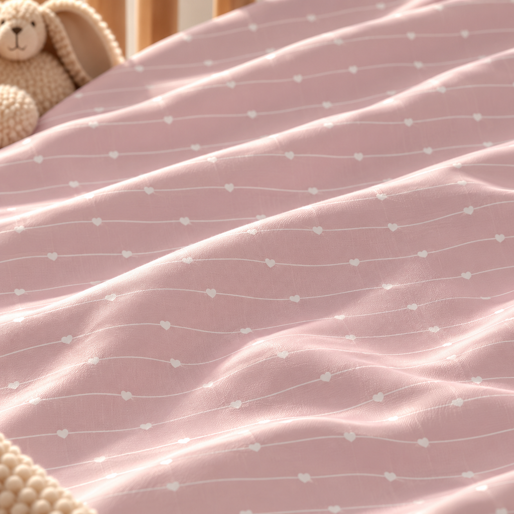 Close-up of the Pink Heart Stripe Crib Sheet fabric showing wavy white lines and tiny hearts on dusty pink