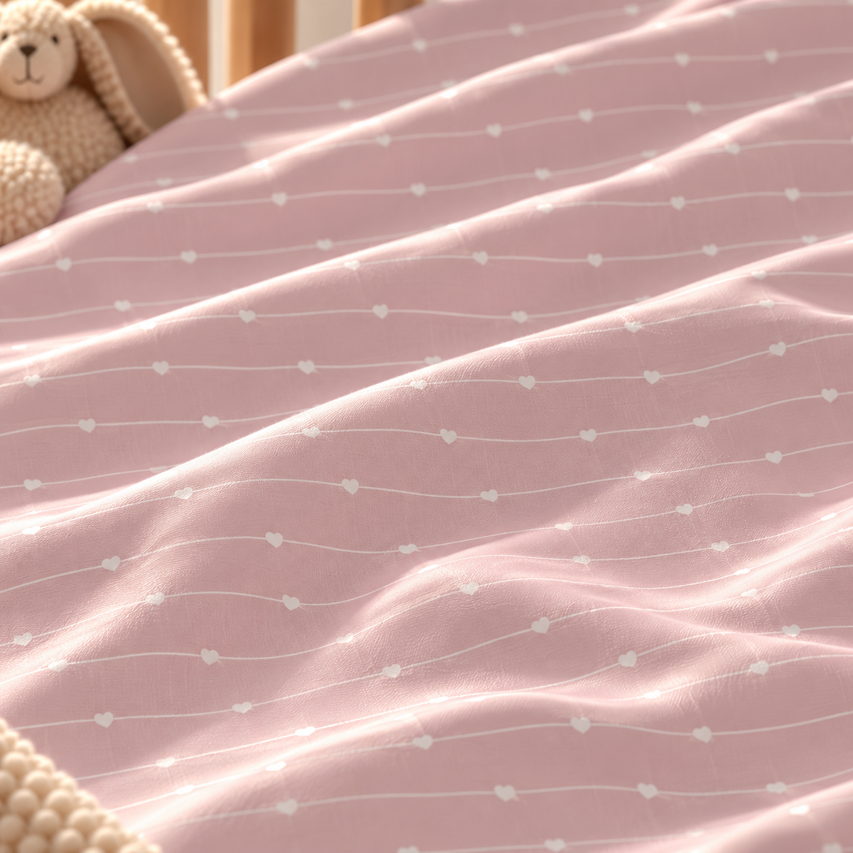 Close-up of the Pink Heart Stripe Crib Sheet fabric showing wavy white lines and tiny hearts on dusty pink