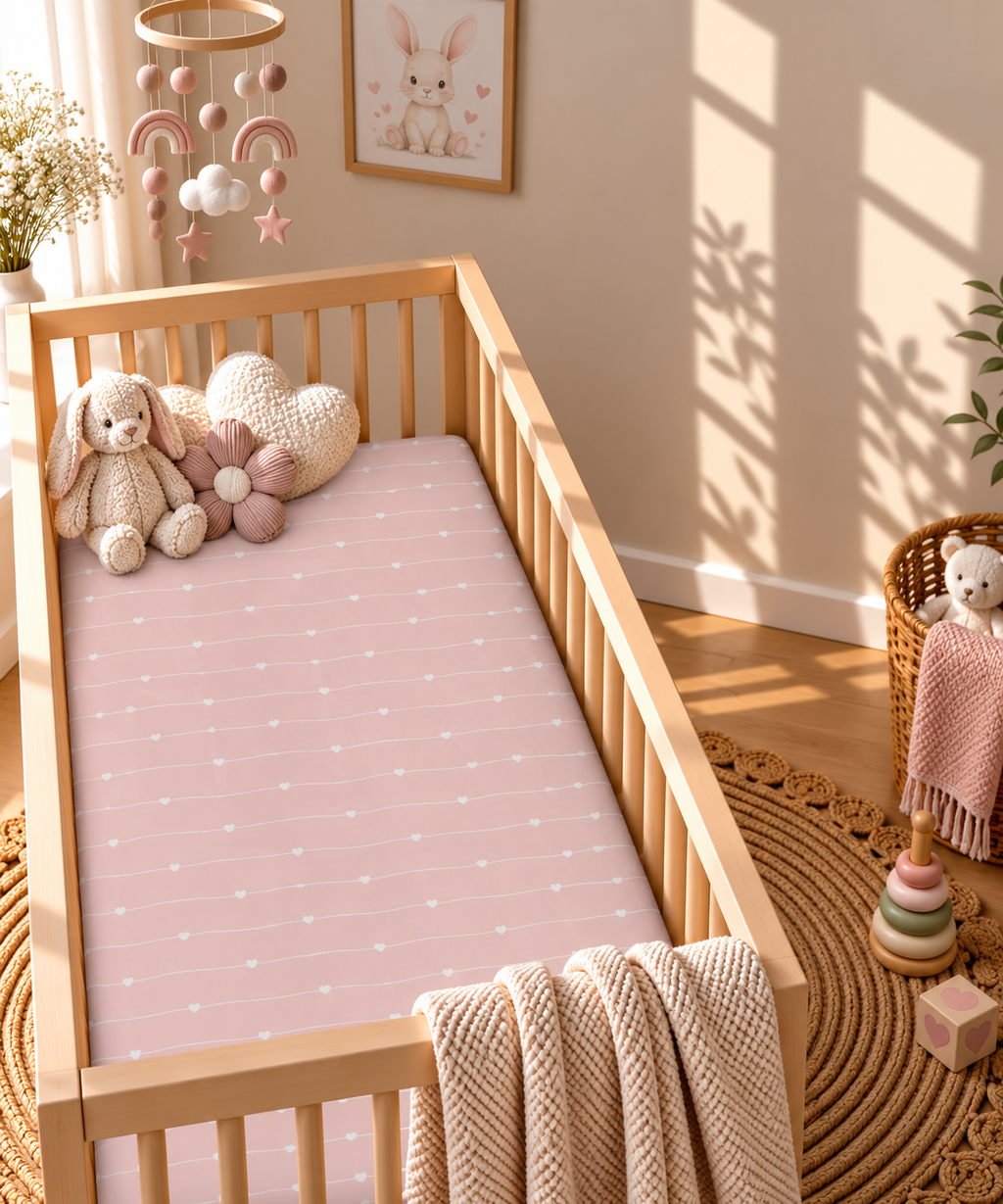 Pink Heart Stripe Crib Sheet in a wooden crib in a sunlit nursery