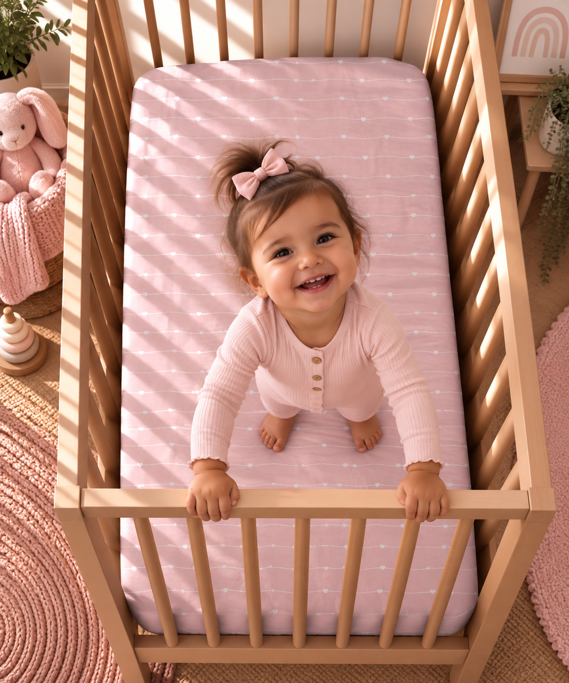 Toddler standing in a crib fitted with the Pink Heart Stripe Crib Sheet