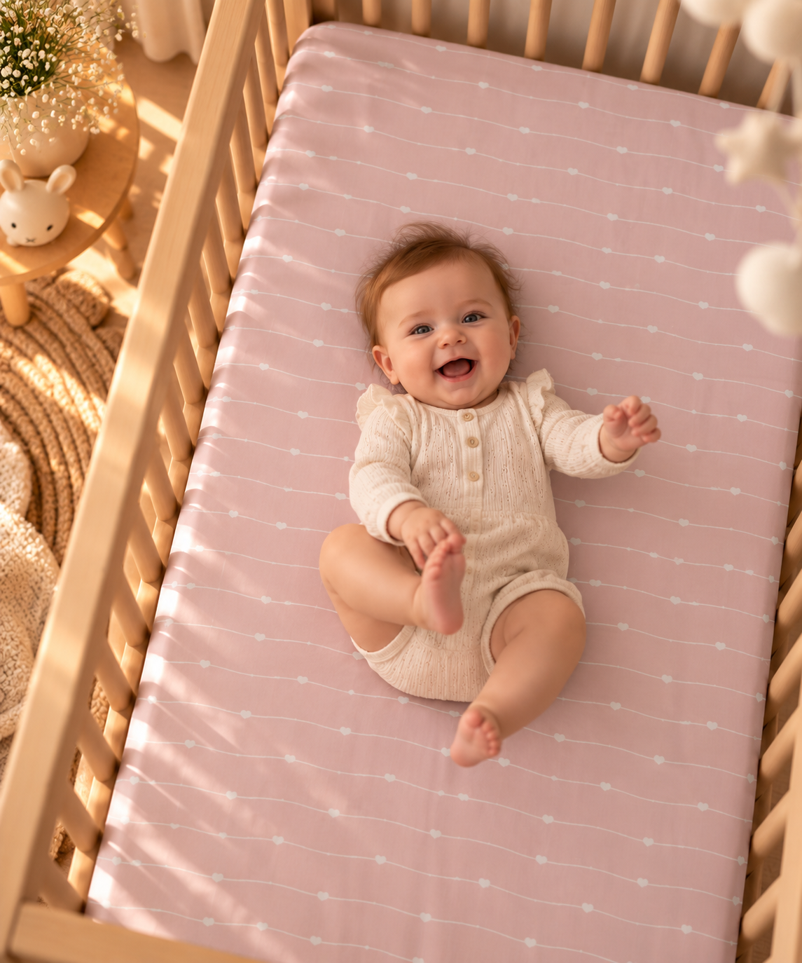 Smiling baby lying on the Pink Heart Stripe Crib Sheet