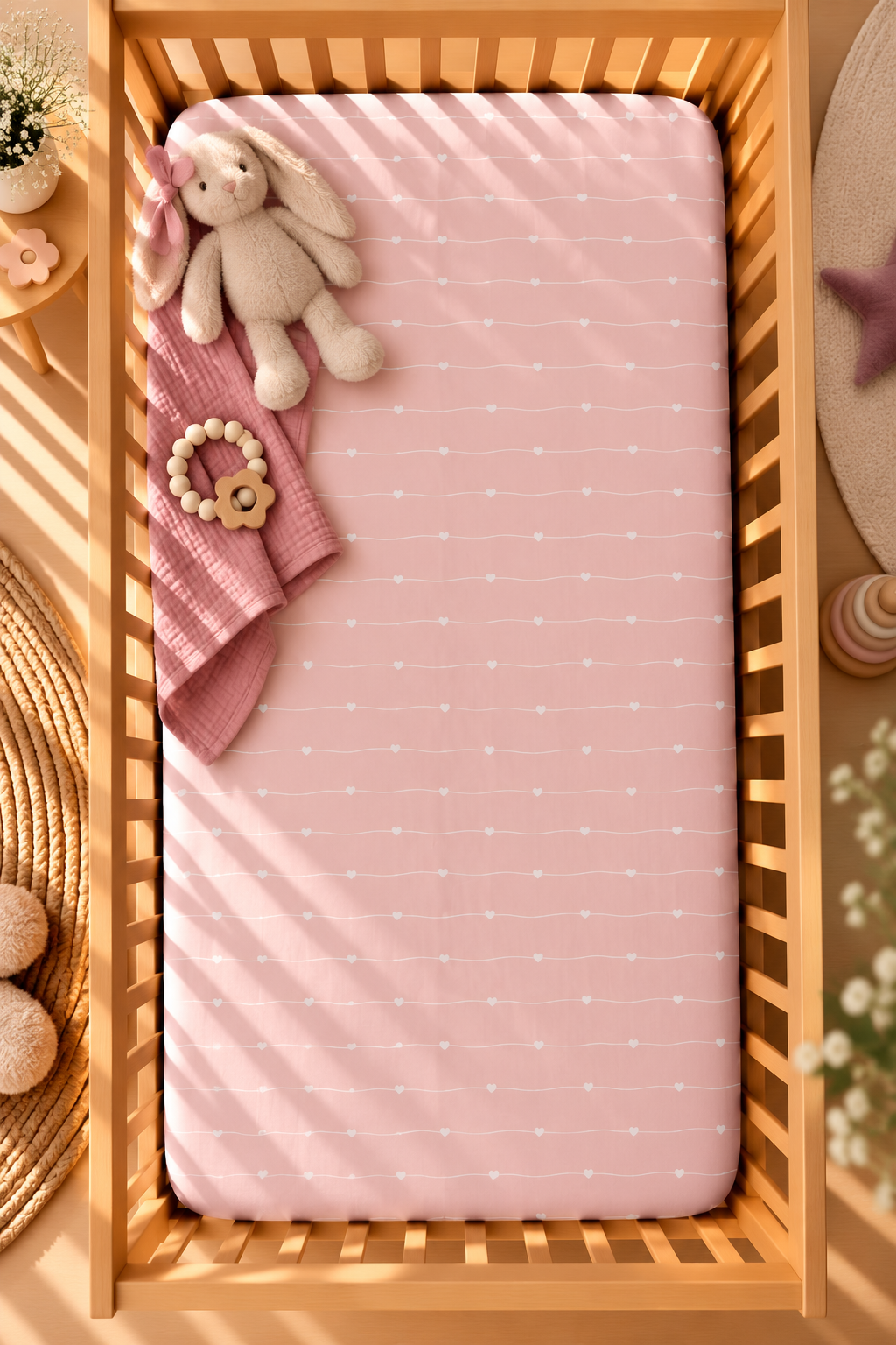 Pink Heart Stripe Crib Sheet seen from above in a wooden crib