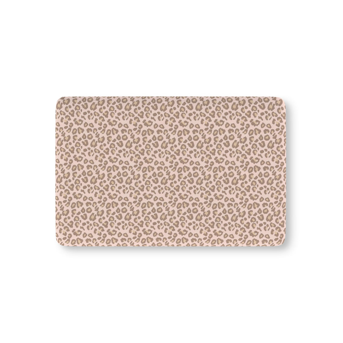 Pink Leopard Print Crib Sheet laid flat in Mini size with taupe leopard spots on blush pink