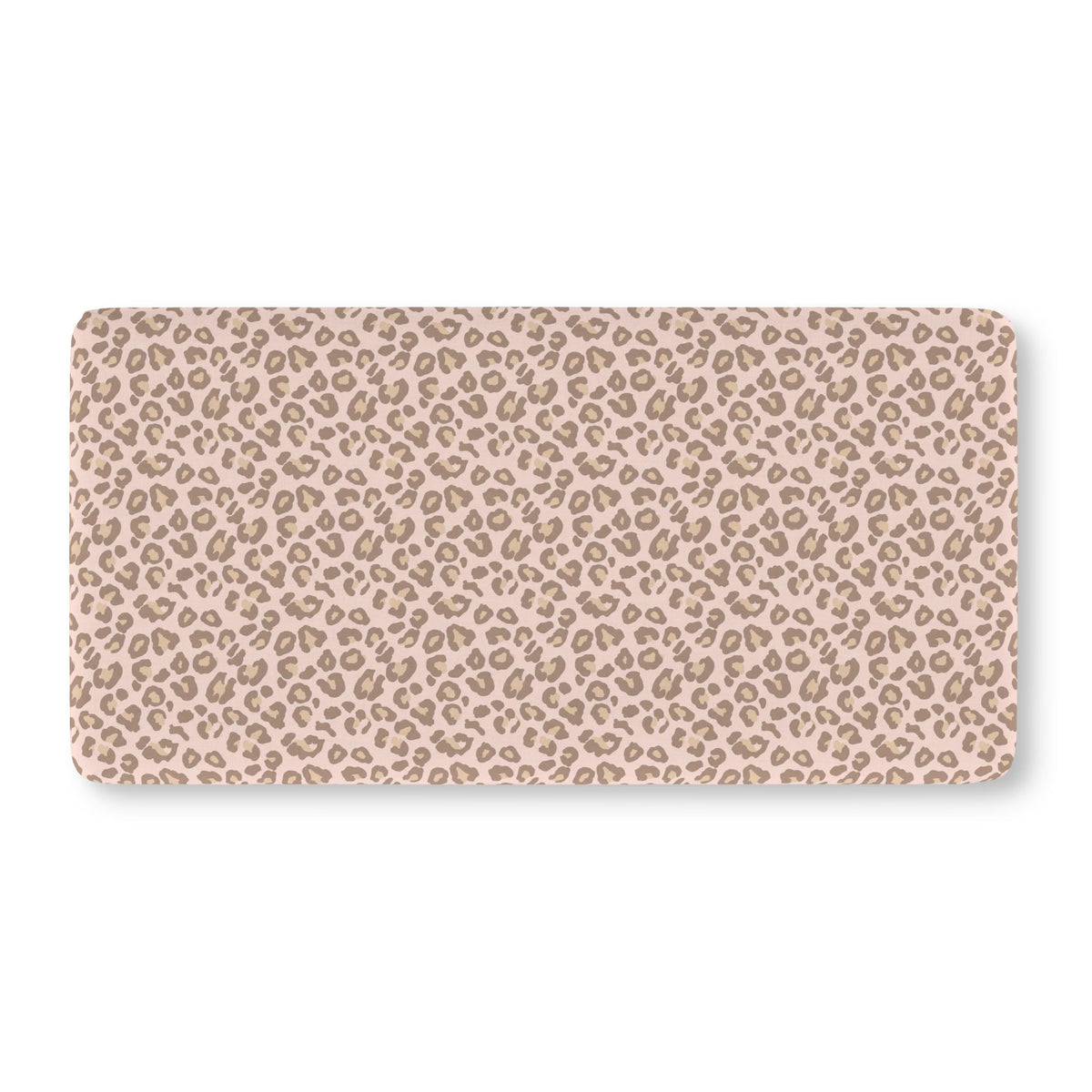 Pink Leopard Print Crib Sheet laid flat in Standard size with taupe leopard spots on blush pink