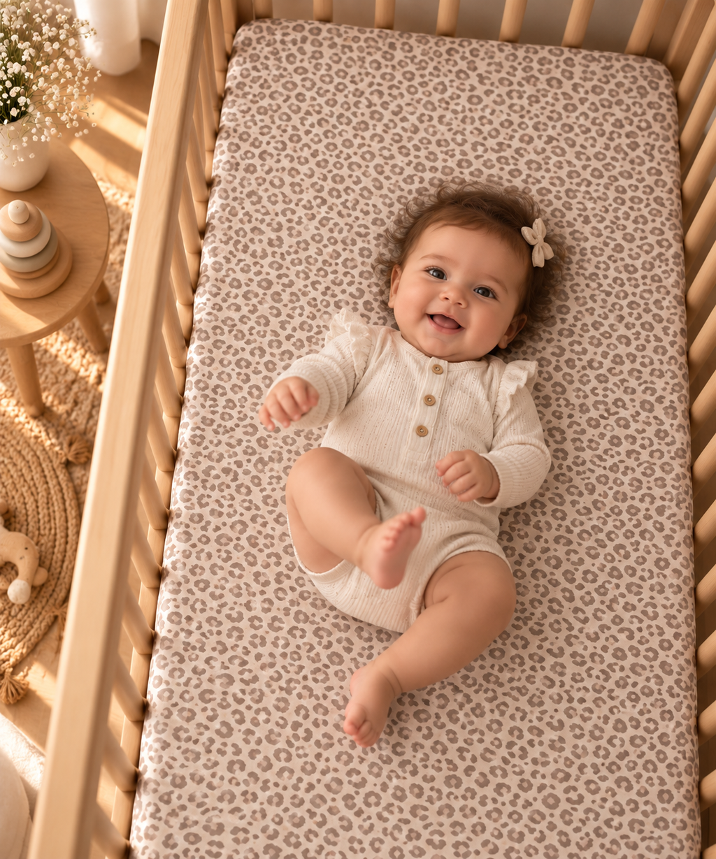 Smiling baby lying on the Pink Leopard Print Crib Sheet