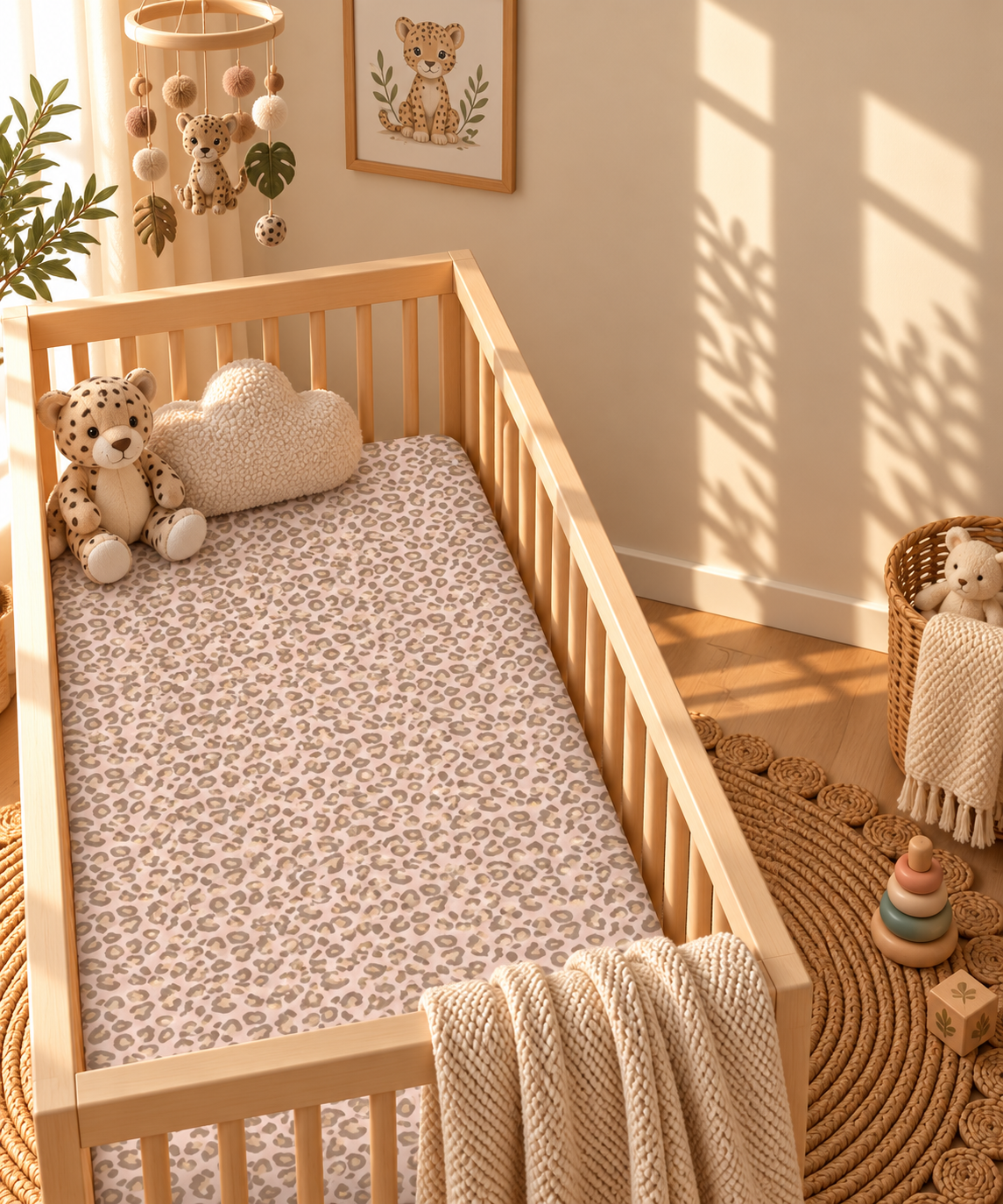 Pink Leopard Print Crib Sheet in a wooden crib in a sunlit nursery