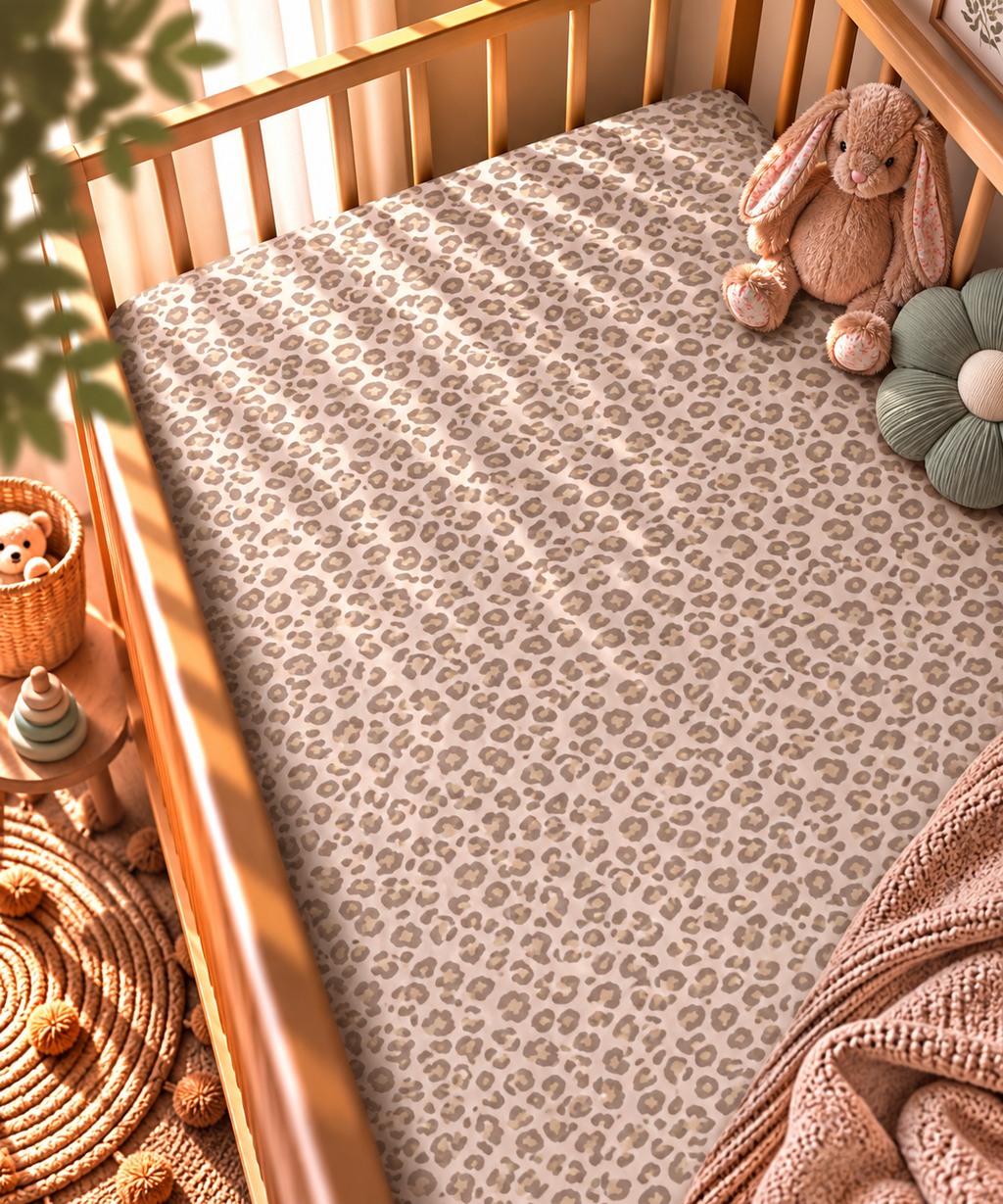 Pink Leopard Print Crib Sheet fitted in a wooden crib with a plush toy