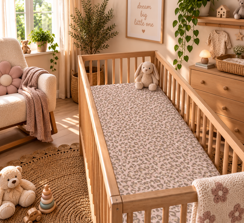 Nursery with a wooden crib made up with the Pink Leopard Print Crib Sheet
