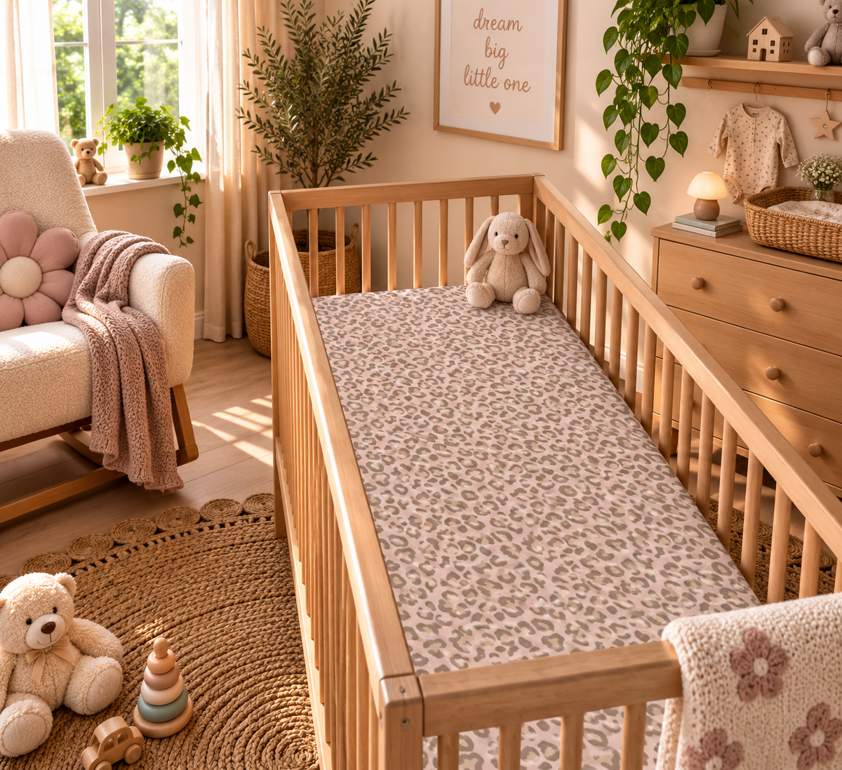 Nursery with a wooden crib made up with the Pink Leopard Print Crib Sheet